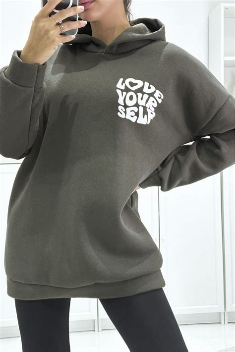 Oversized Khaki Hoodie Of Very Thick Quality With Love Your Self Writing