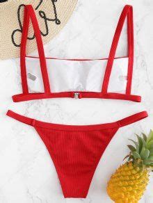 Ribbed Hook String Bikini Set In Lava Red Zaful