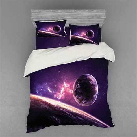 Galaxy Duvet Cover Set Planets Over Purple Nebula Celestial Comet