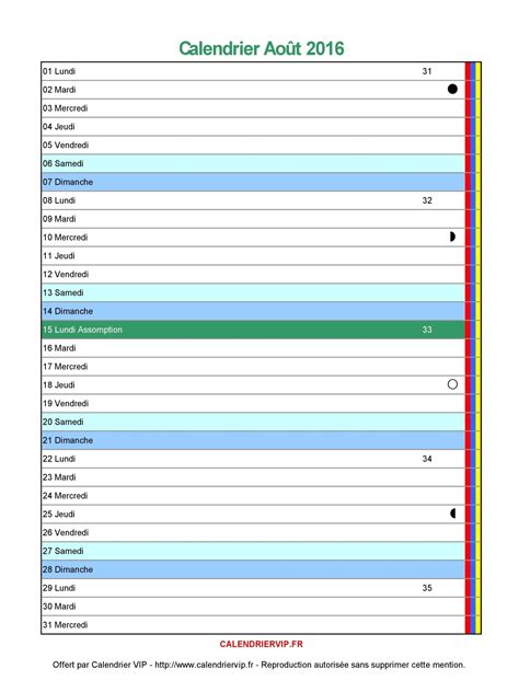 Calendrier Août 2016 à imprimer gratuit en PDF et Excel