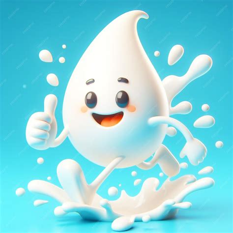3D funny cartoon milk drop with splashes isolated on background Healthy