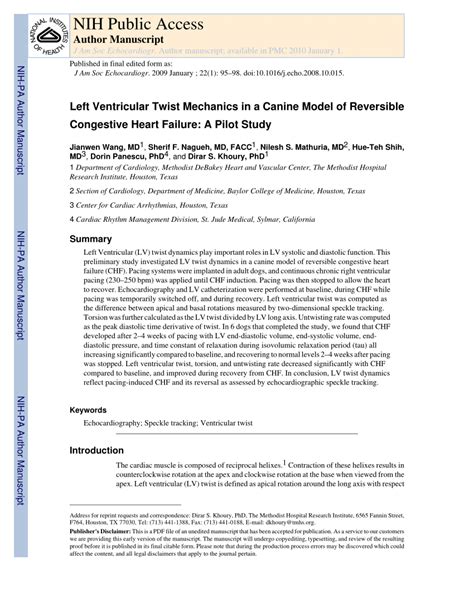 Pdf Left Ventricular Twist Mechanics In A Canine Model Of Reversible