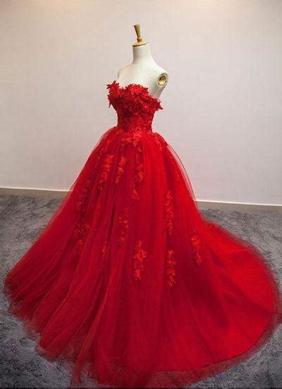 Red Ball Gown Tulle Strapless Generous Floral Fashion Prom Dresses