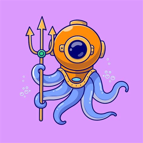 Lindo Buzo Pulpo Sosteniendo Trisula Dibujos Animados Icono Vectorial