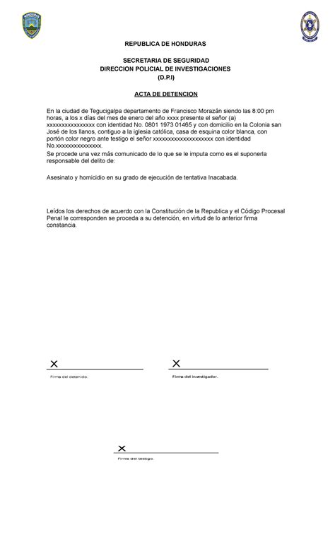 Acta De Denuncia REPUBLICA DE HONDURAS SECRETARIA DE SEGURIDAD