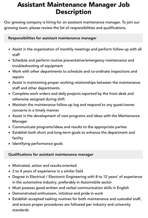 Roles And Responsibilities Of Maintenance Manager