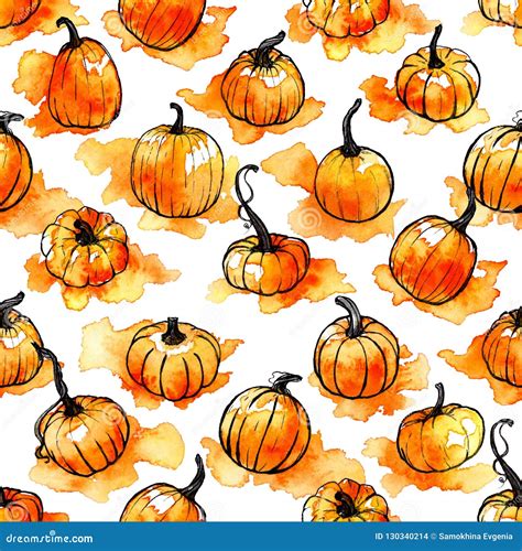 Hand Drawn Watercolor Halloween Seamless Pattern With Pampkin Isolated On White Background Stock