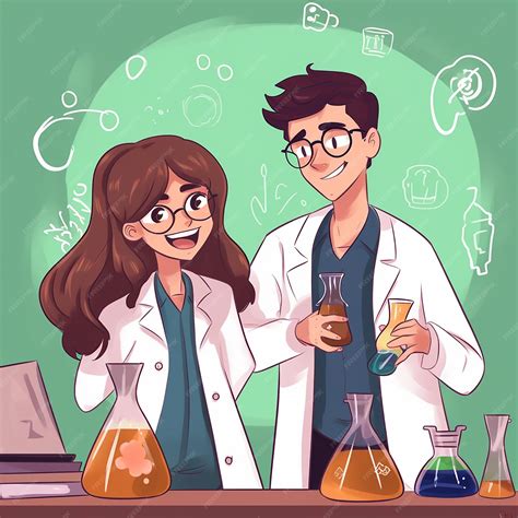 Premium Photo | A cartoon drawing of a couple in lab coats with a man in a lab coat and a woman ...