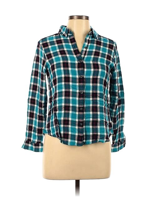 Eddie Bauer 100 Rayon Checkered Gingham Multi Color Blue Long Sleeve