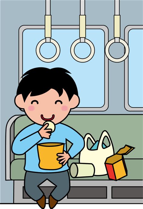 イラストポップのマナーやルールの素材 電車マナーno08座席でいろいろなお菓子を食べる男の子のイラスト