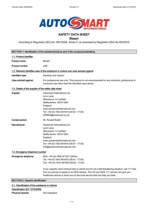 Pdf Safety Data Sheet Bleach Dokumentips