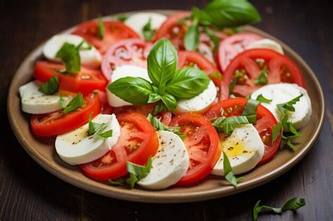 Premium Photo Close Up Italian Caprese Salad With Ripe Tomatoes Pesto