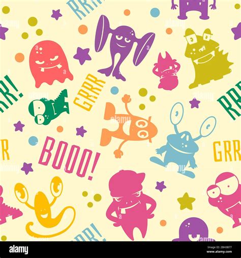 Seamless Pattern With Cute Cartoon Monsters Background With Color