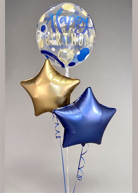 Inflated Blue And Gold Happy Birthday Helium Balloon On Weight