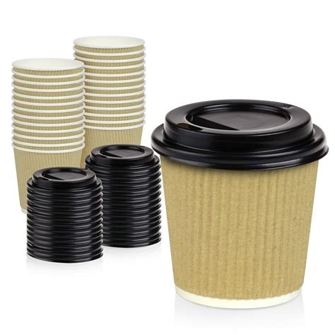 [50 Pack] Disposable Hot Cups With Lids 4 Oz Brown Double Wall