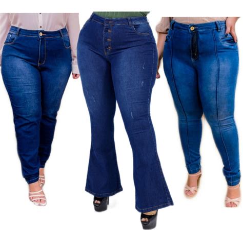 Kit 2 Calças Jeans Plus Size Cintura Alta Levanta Bumbum Lmk