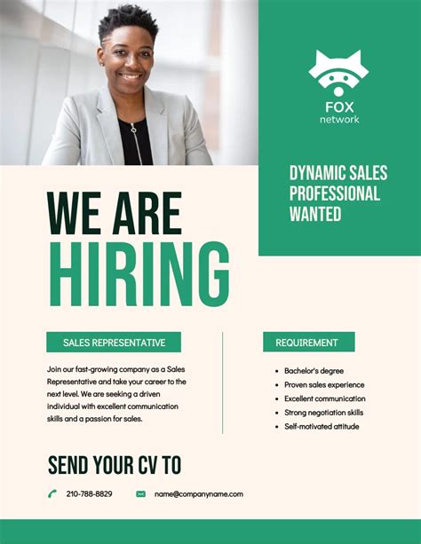 Green And Soft Cream Sales Hiring Poster Venngage