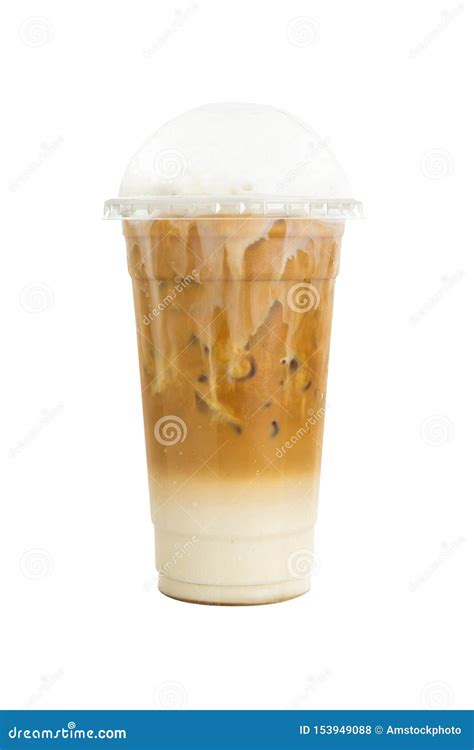 Iced Caramel Macchiato Coffee In Plastic Glass Isolated On White