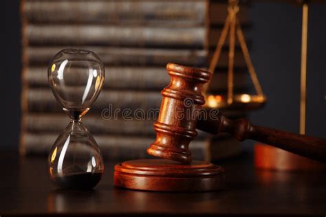 Judge S Gavel Books Scales Of Justice And Hourglass Law Concept