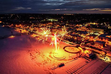 Drone Aerial View Downtown Stillwater Minnesota Golden Hour Winter