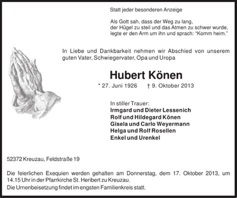 Traueranzeigen von Hubert Könen Aachen gedenkt