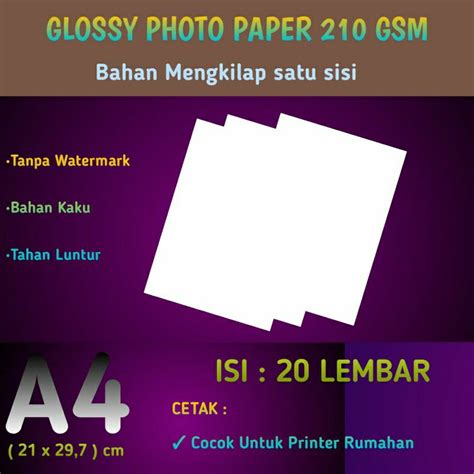 Jual Kertas Foto Mengkilap 210 Gsm A4 Isi 20 Lembar Glossy Photo