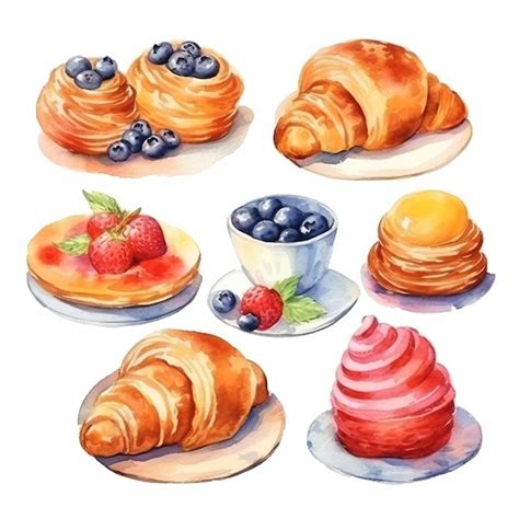 Premium Vector Watercolor Vector Morning Pastries On White Background