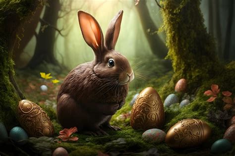 Premium Photo Easter Bunny And Colored Eggs In A Magical Fairy Forest