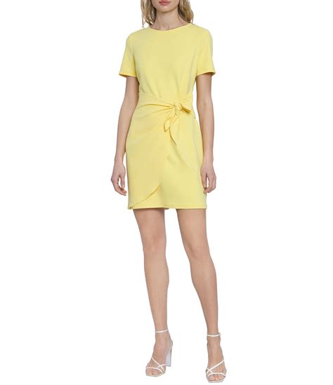 Donna Morgan Scuba Crepe Round Neck Short Sleeve Tie Waist Mini Dress