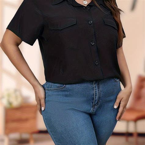 Plus Size Casual Blouse Women S Plus Plain Half Sleeve Polo Neck Button