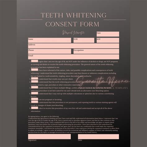 Teeth Whitening Consent Form And Text Able Aftercare Image Etsy