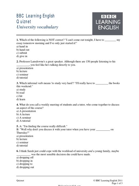 University Vocabulary Pop Quiz Pdf Tutorial Lecture