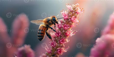 AI Generated Honey Bee Covered With Yellow Pollen Collecting Nectar