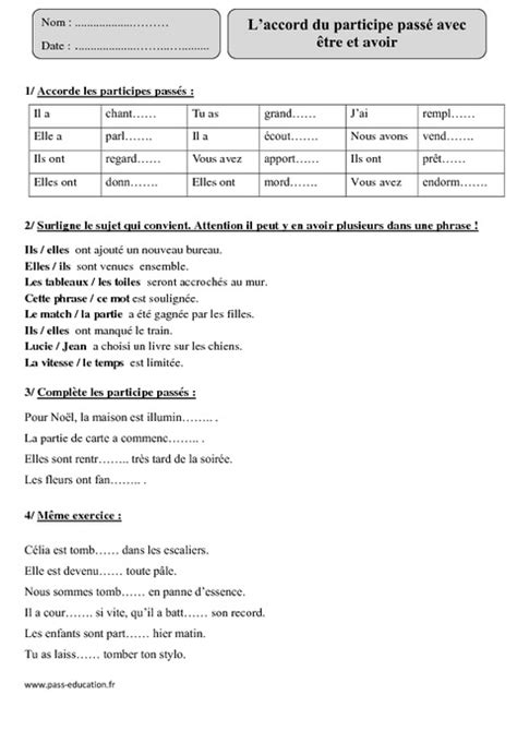 Accord participe passé Etre Avoir Cm1 Exercices à imprimer
