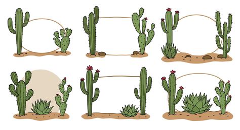 Various Green Cactus Plants With Flowers And Desert Sand In Minimal