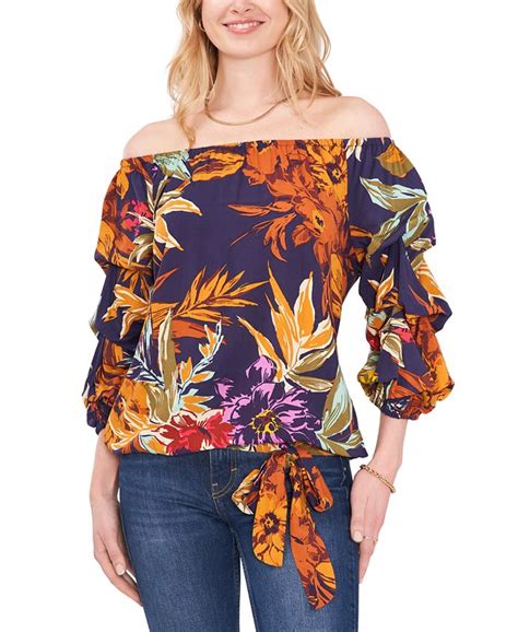 Vince Camuto Womens Printed Off The Shoulder Bubble Sleeve Challis