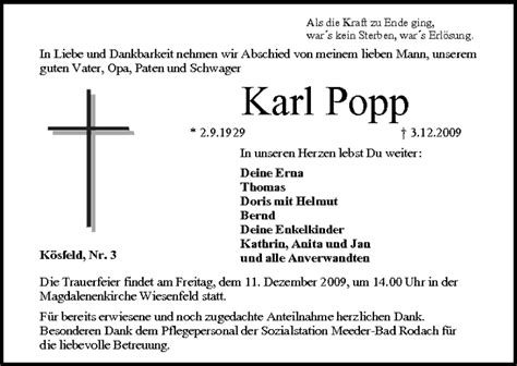 Karl Popp Traueranzeige Trauer Infranken De