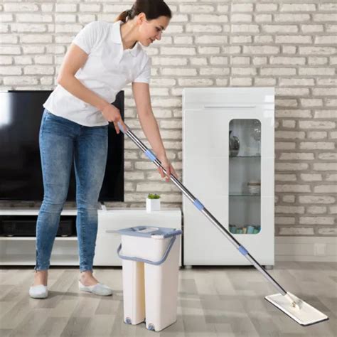 Dropship Flat Floor Mop Bucket Set Self Cleaning Wet Dry Usage With 2pcs Reusable Microfiber Mop