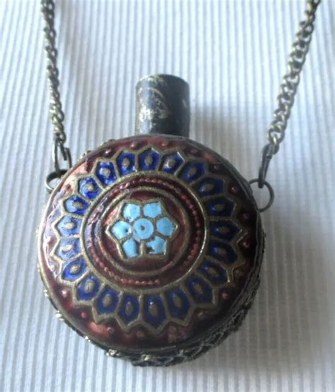 ANCIEN COLLIER PENDENTIF gourde fiole en émail cloisonné magnifique