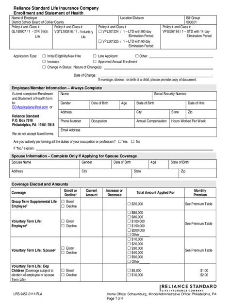 Fillable Online Enrollment And Statement Of Health Reliance Standard