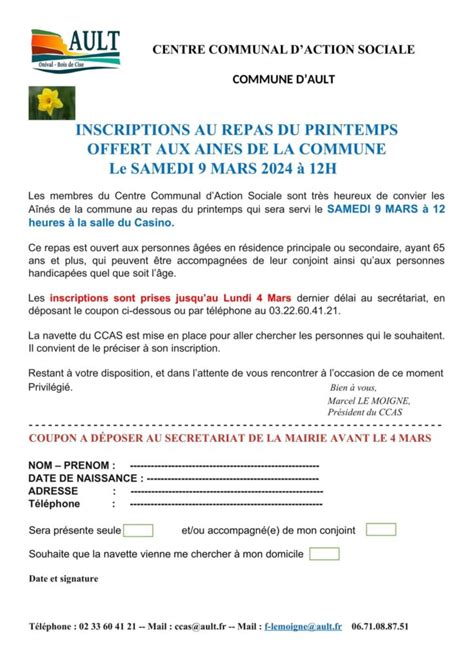 CCAS INSCRIPTIONS AU REPAS DU PRINTEMPS OFFERT AUX AINES SAMEDI 9