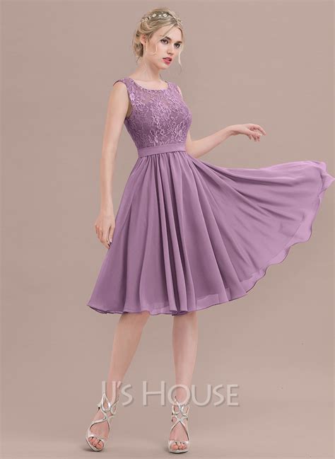 [us 138 00] A Line Square Neckline Knee Length Chiffon Lace Bridesmaid