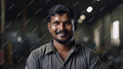 Premium Photo A Smiling Indian Male Factory Worker Standing In Metal