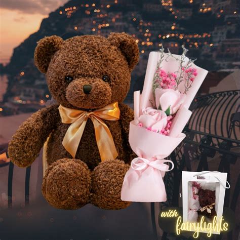 Cute Ribbon Teddy Bear With Small Pink Soap Rose Flower Bouquet