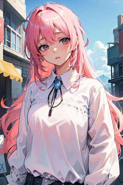 Premium AI Image | anime girl with pink hair and a white shirt