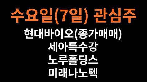 수요일7일 관심주 현대바이오종가매매 세아특수강 노루홀딩스 미래나노텍테마리튬 가스관 태양광 2차전지 고환율