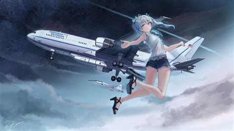 Aircraft Aqua Eyes Blush Clouds Combat Vehicle Gray Hair Long Hair Png