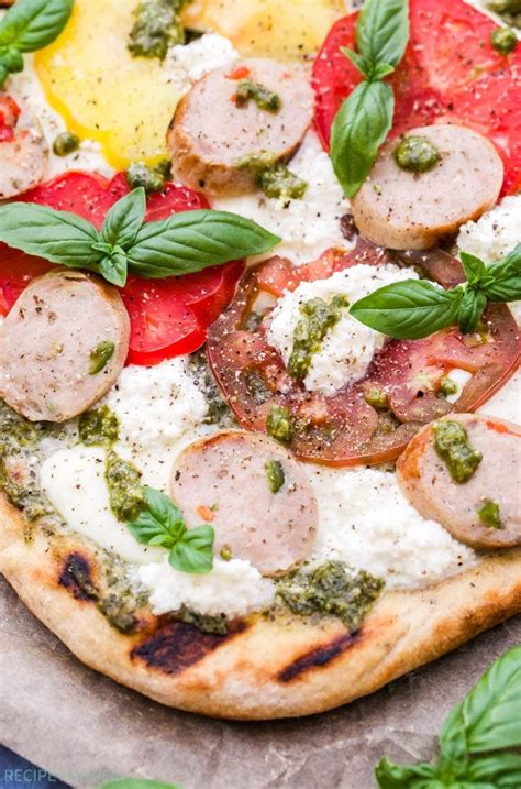 Grilled Tomato Basil Pesto Pizza With Chicken Sausage Mozzarella And