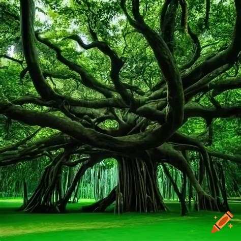 Majestic Banyan Tree In A Lush Forest Exuding Tranquility Tentacles