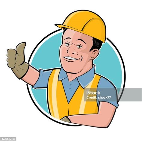 Funny Construction Worker Cartoon Logo Illustration Stock Illustration